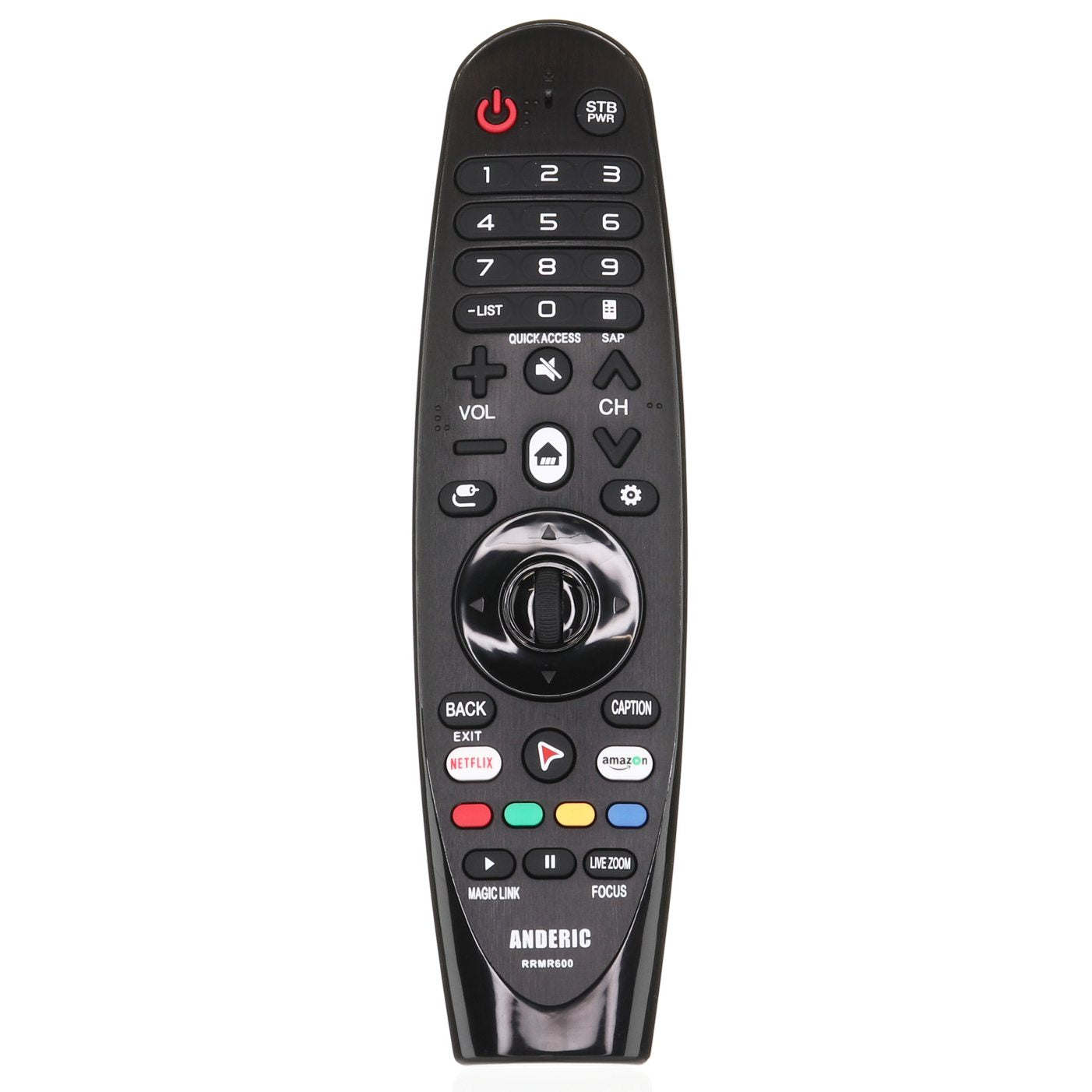 The Anderic RRMR600 for LG Magic TV is a black remote with multiple buttons, including power and volume controls, dedicated streaming service options, and a central navigation dial for intuitive control. It does not feature voice functionality.