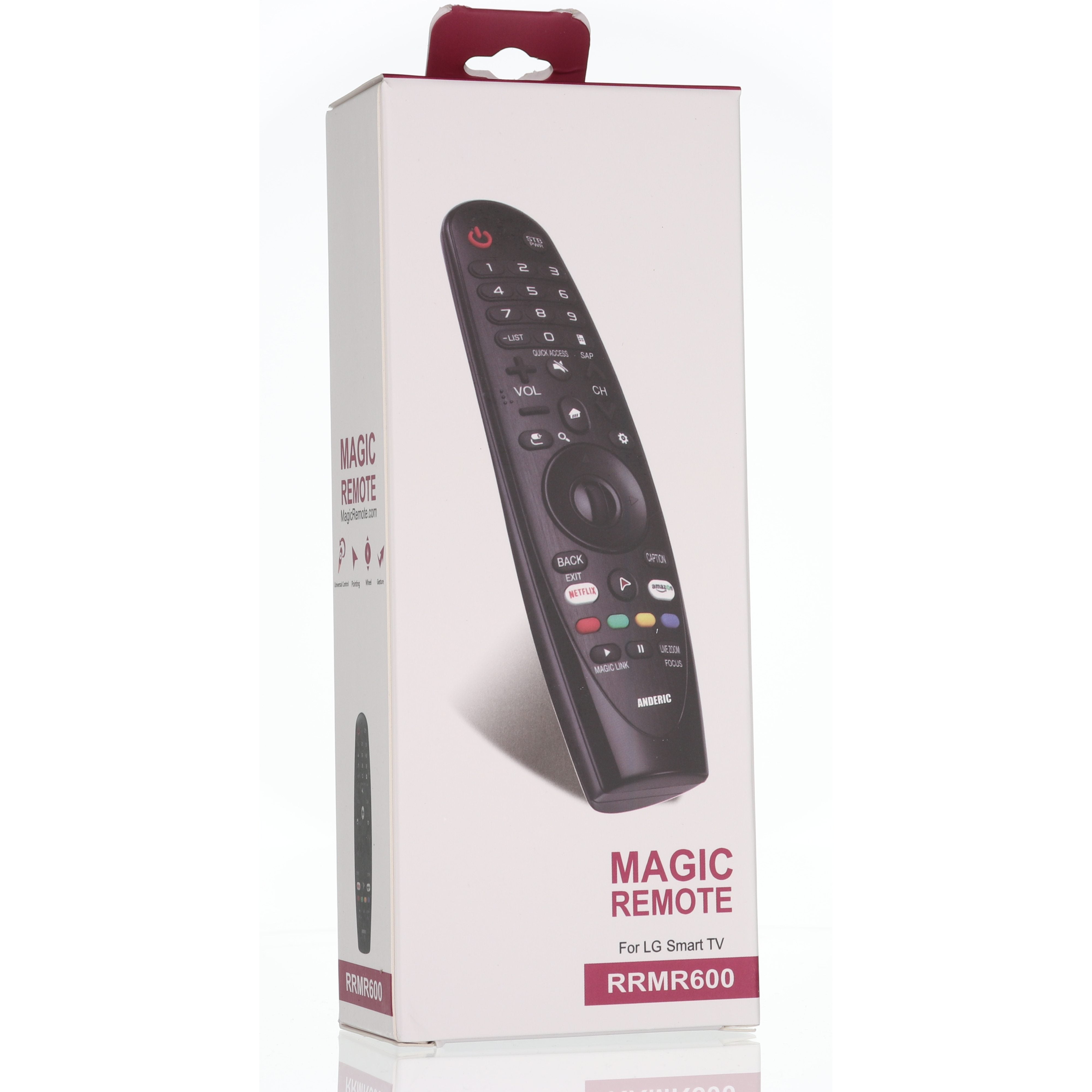 The Anderic RRMR600 box for the LG Magic TV remote showcases an image of the button-adorned remote control, excluding voice function features.