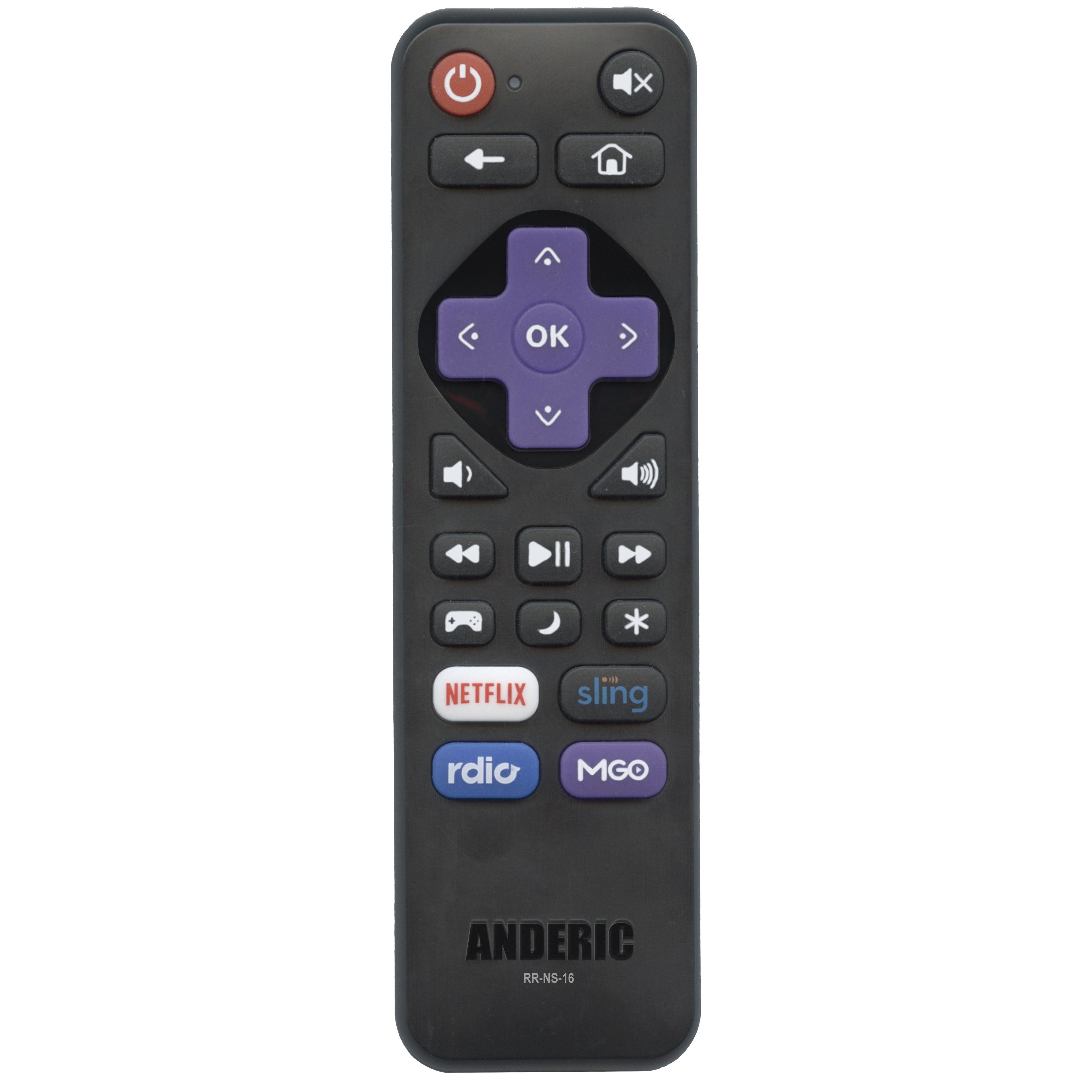 The Anderic RRNS16 remote for 2015/2016 Insignia Element Roku TVs features a black design with a purple directional pad and buttons providing shortcuts to Netflix, Sling, and more streaming services, ensuring convenient entertainment access.