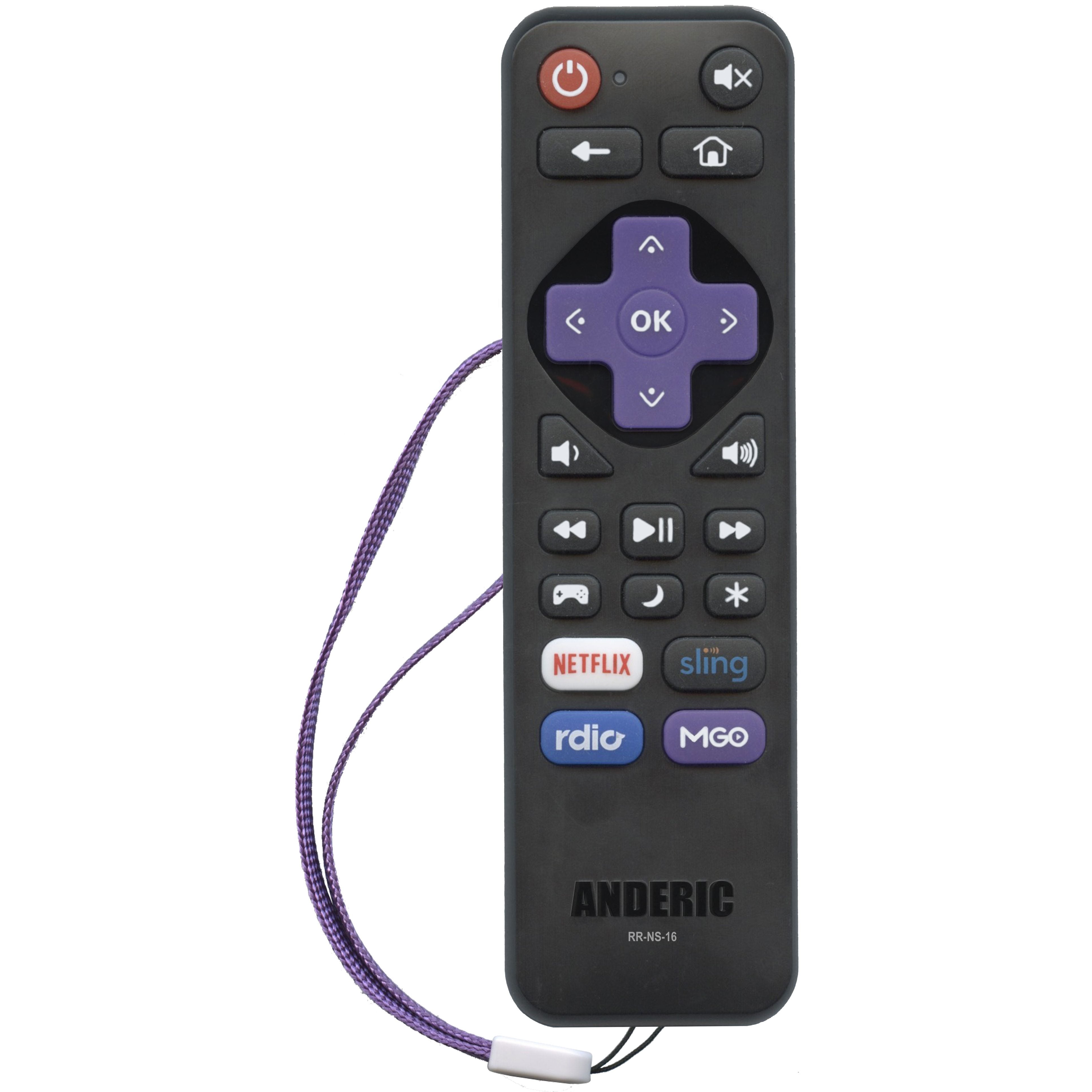 The Anderic RRNS16 remote for 2015/2016 Insignia Element Roku TV is sleek black, featuring power, navigation, volume controls, and streaming buttons for Netflix, Amazon, Sling, etc. It includes a purple wrist strap for added convenience as an essential replacement.