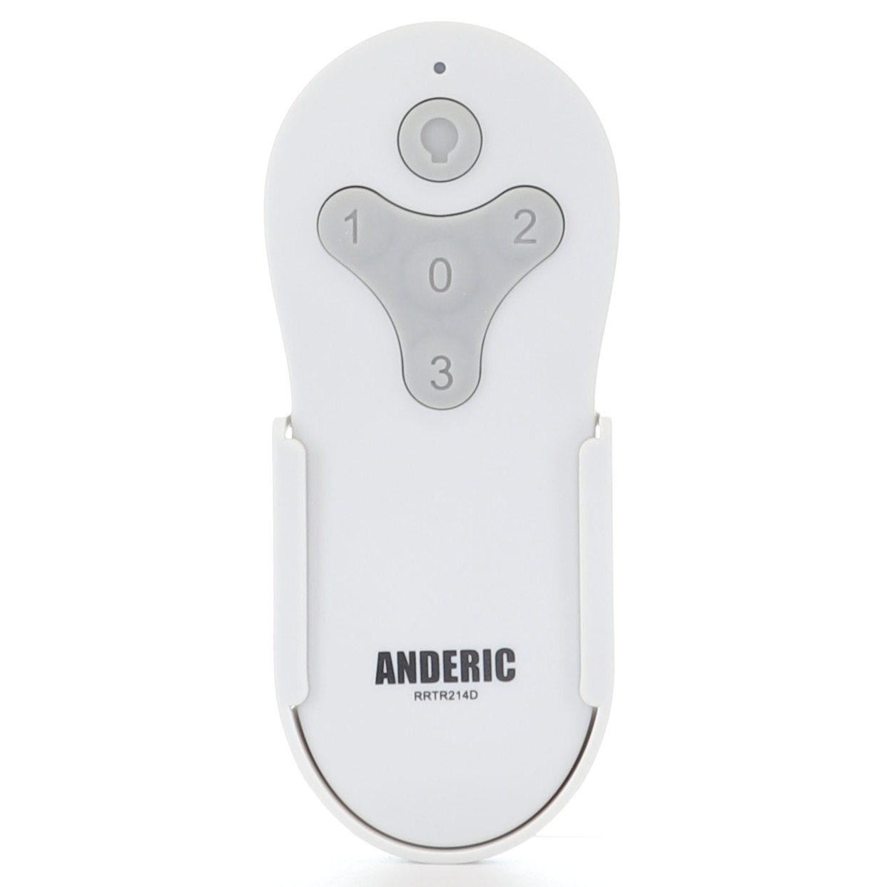 The sleek white Anderic TR214D remote control features four numbered buttons (0-3) and is compatible with KUJCE10311, KUJCE10712, TR214B, and Harbor Breeze models. Proudly displaying "Anderic," it effortlessly enhances home comfort as an RRTR214D remote.