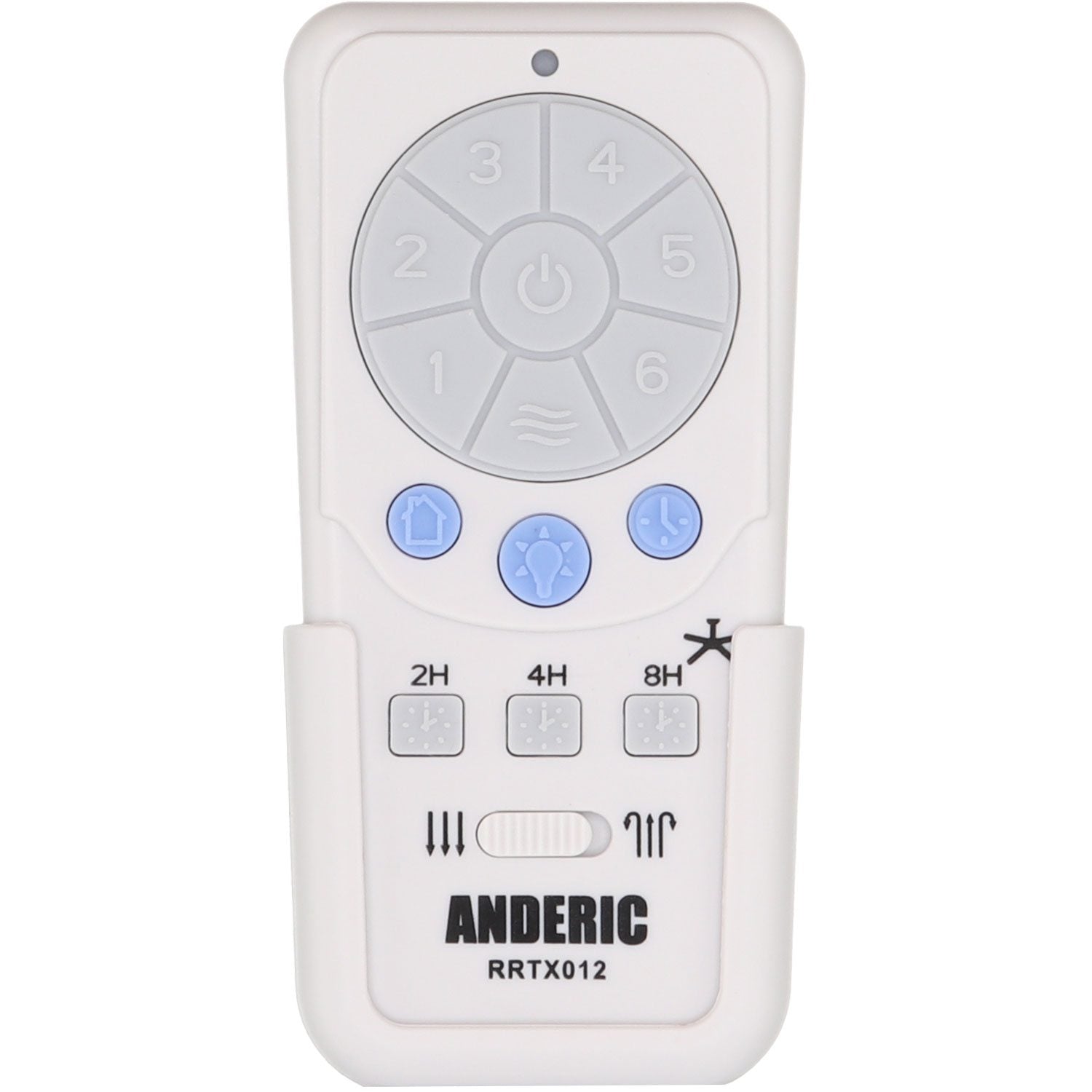 The Anderic RRTX012 remote control, compatible with Harbor Breeze A25-TX012 and A25-TX025 ceiling fans, includes buttons for power, timer, light, and speed settings. It fits seamlessly into a wall cradle and is specifically designed for DC fans.