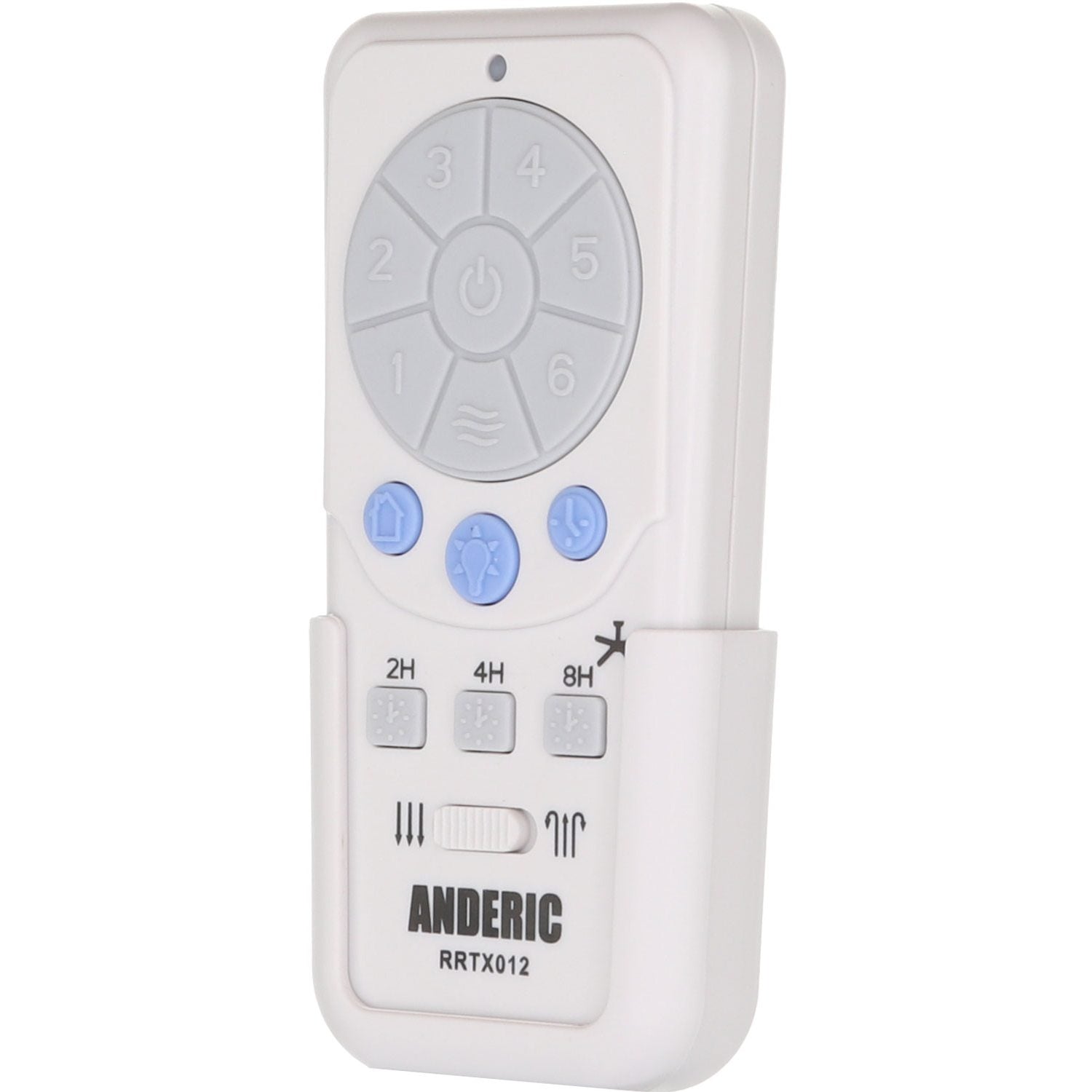 The Anderic RRTX012 remote, compatible with Harbor Breeze A25-TX012 and A25-TX025 ceiling fans, is white with grey buttons, number keys, fan and light icons, and function sliders.