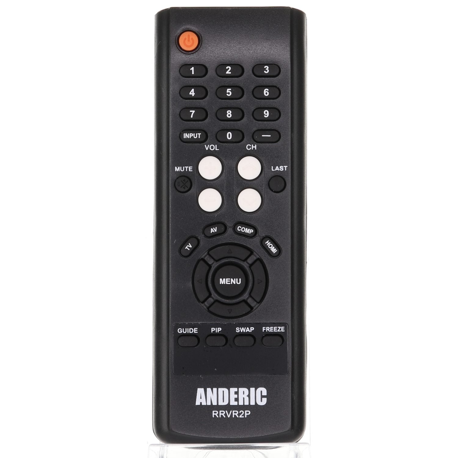 The Anderic RRVR2P for Vizio TV Remote Control is a black remote featuring a numeric keypad, power button, volume and channel controls, menu navigation, and various function buttons. It's pre-programmed for effortless use with your entertainment system.