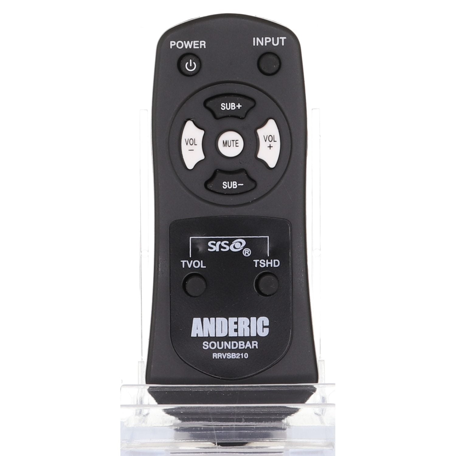 The Anderic VSB210 Remote Control, designed for Vizio Sound Bar System, features buttons for power, input, volume, and more. It is elegantly displayed in a clear holder and comes with a 1-Year Replacement Warranty.