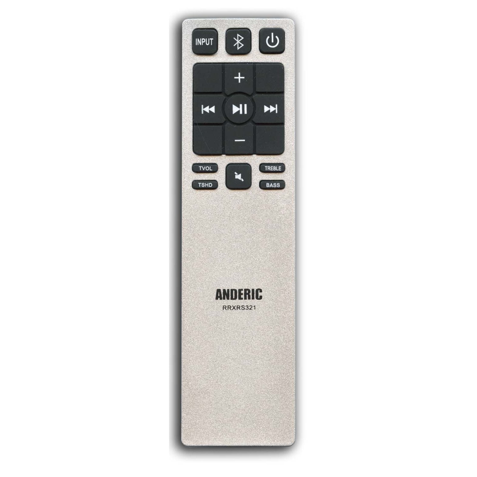 The Anderic XRS321-C remote for Vizio Sound Bar features power, input, volume, bass, treble buttons, and central directional and function controls.