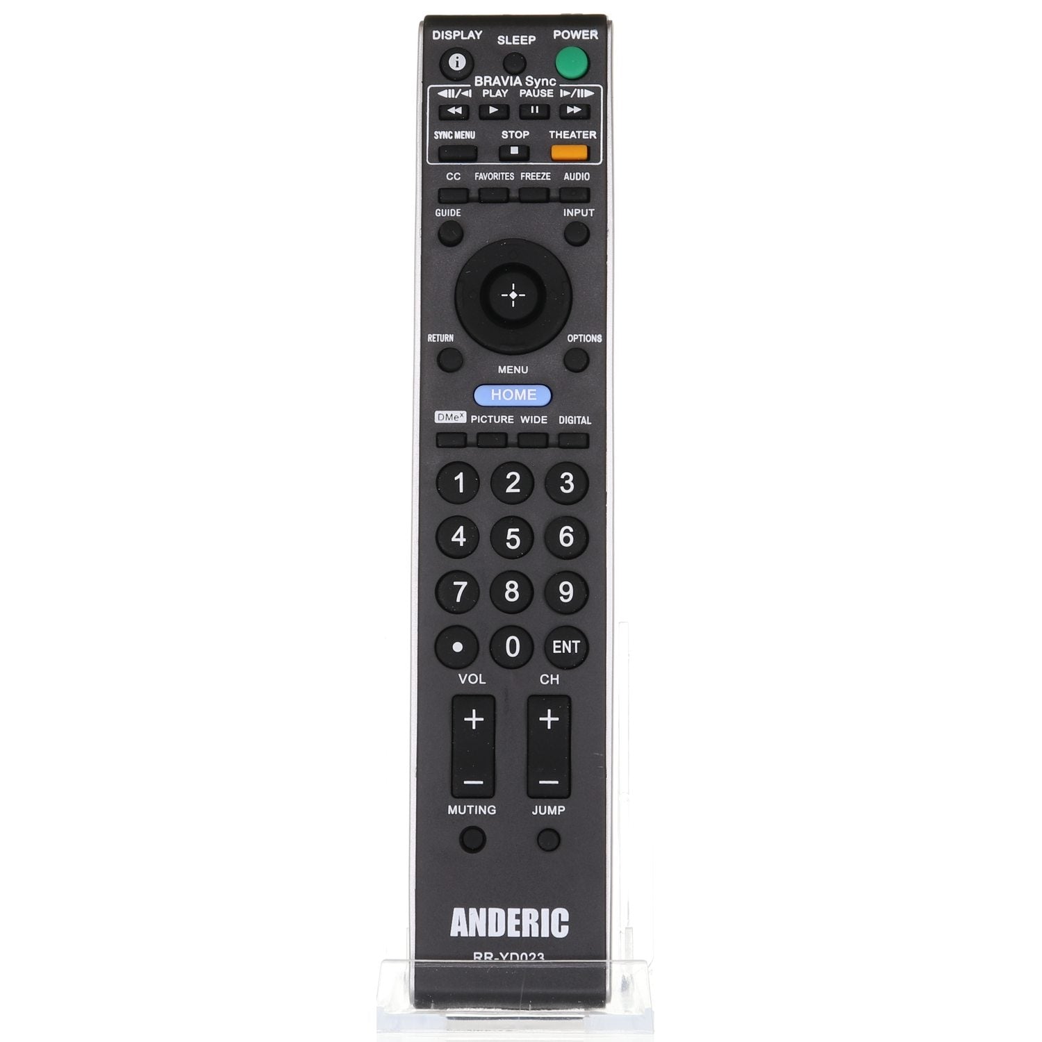 The black Anderic RRYD023 remote, designed for Sony Bravia and other TVs, offers pre-programmed buttons like numbers, volume, power, menu, input, and home. It includes a 1-year replacement warranty for peace of mind.