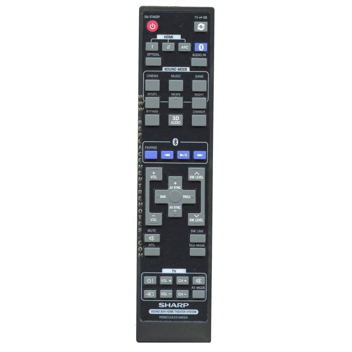 Sharp RRMCGA331AWSA Audio Sound Bar Remote Control - RRMCGA331AWSA