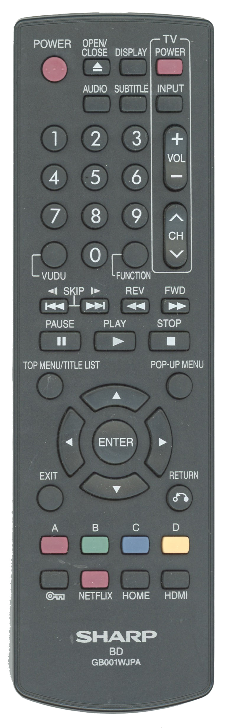 Sharp GB001WJPA Blu-ray Remote Control