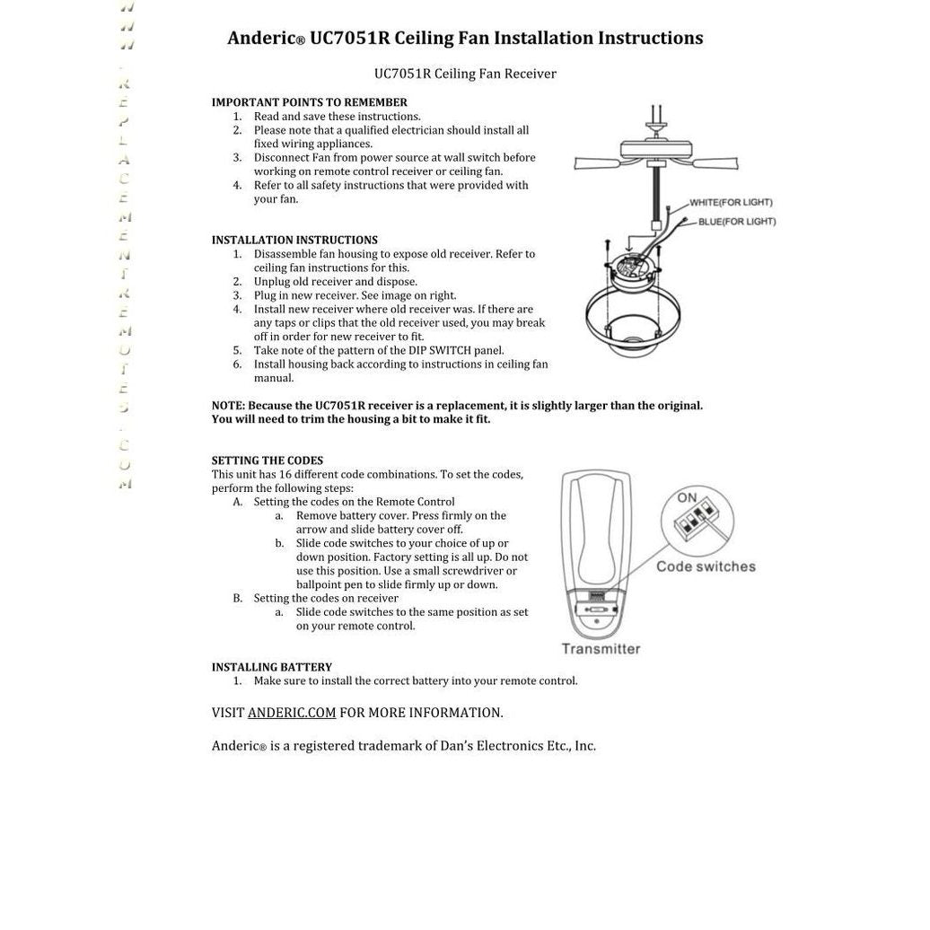 The page offers instructions and a diagram for installing the Anderic UC7051G ceiling fan receiver, with sections on crucial points, installation, code setting, and battery setup. It is compatible with Hampton Bay models for an effortless installation process.