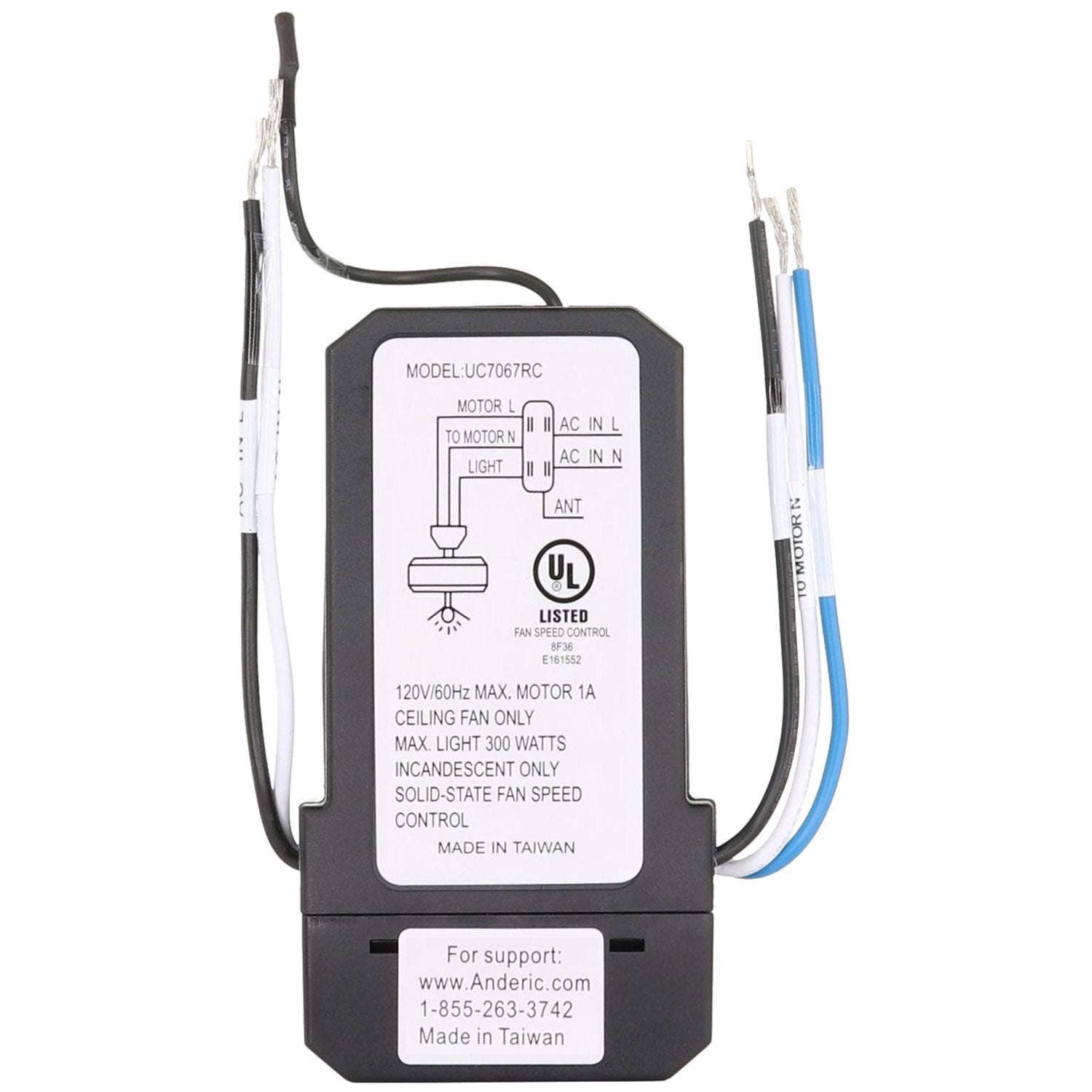 The Anderic UC7067FMRX for Hampton Bay Ceiling Fan Receiver features enhanced functionality with wires, labeled connections, and detailed specifications printed on the front.