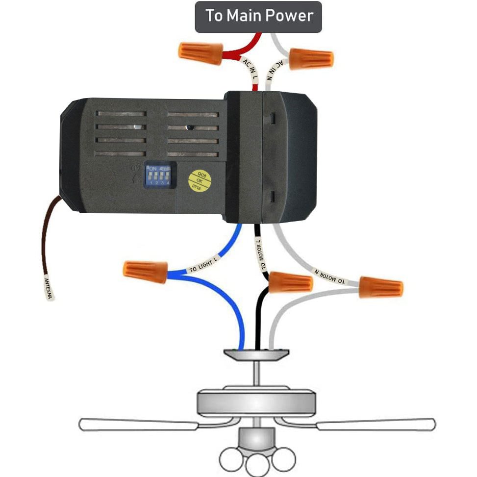 Diagram of electrical wiring connections for the Anderic UC7067FMRX Hampton Bay Ceiling Fan Receiver, showcasing enhanced functionality with a universal receiver. Includes wires for main power, fan, and light, with easy-to-identify orange-labeled wire connectors.