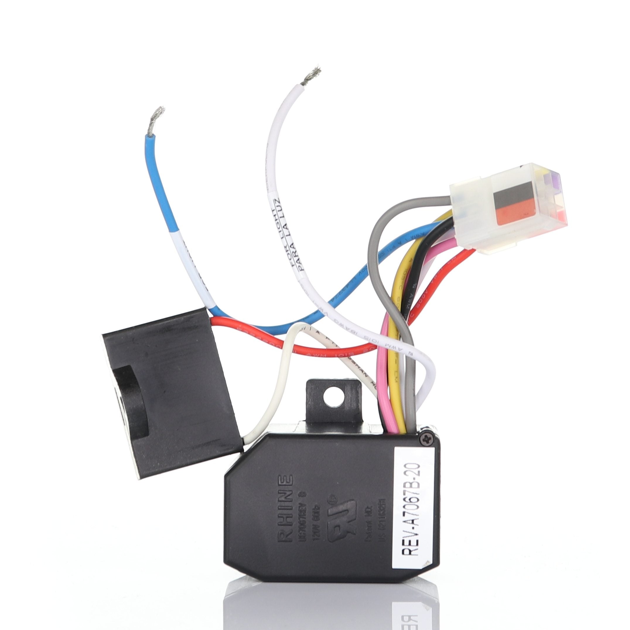 The Anderic UC7067REVB Replacement Ceiling Fan Reverse Module is a black electrical component with colored wires: blue, white, yellow, red, and black. It includes a connector plug and a labeled white sticker. Ideal for ceiling fan reverse functions or remote-controlled operations.