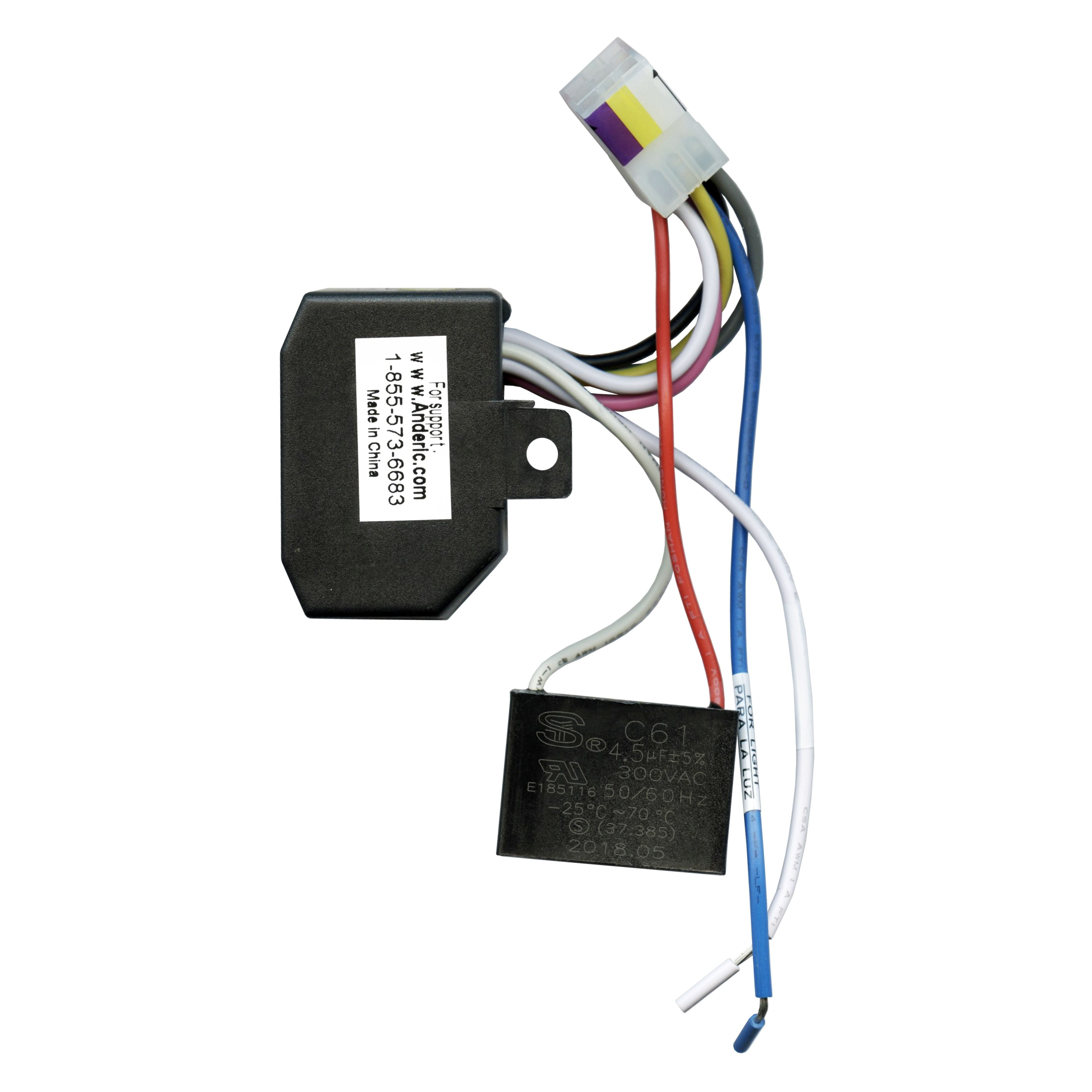 The Anderic UC7067REVB Replacement Ceiling Fan Reverse Module is essential for ceiling fans, featuring a labeled black box with a wire bundle (white, blue, brown) and a multi-colored connector, plus an extra black component with white text. Ideal for remote-controlled reverse setups.