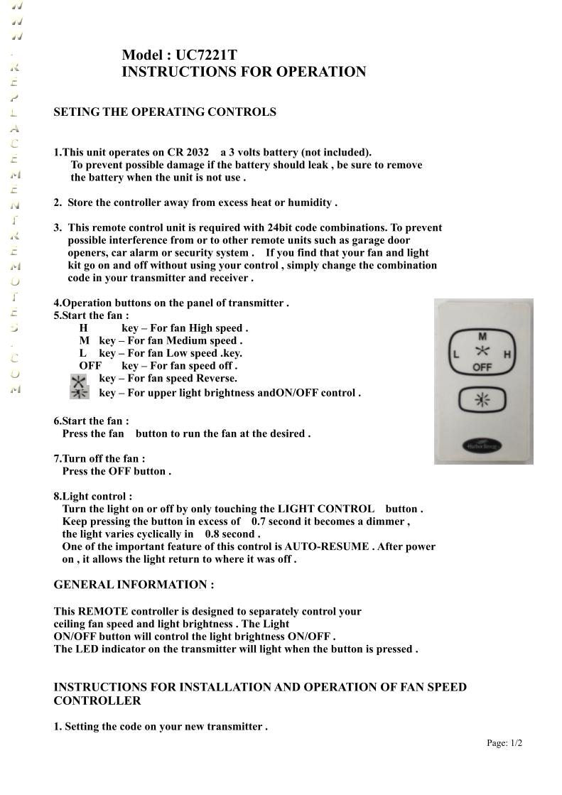 Anderic UC7067RYA with Learning for Harbor Breeze Ceiling Fan Receiver