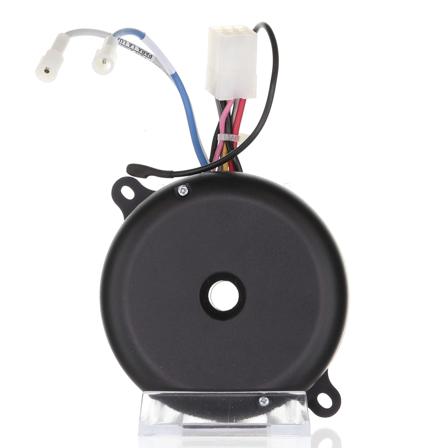 A black circular electrical component with wires and a white connector, similar to the Anderic MR7703 for UC7301R-03 and MR77A Hampton Bay Ceiling Fan Receiver, is on a clear stand against a white background, promising easy plug and play installation.