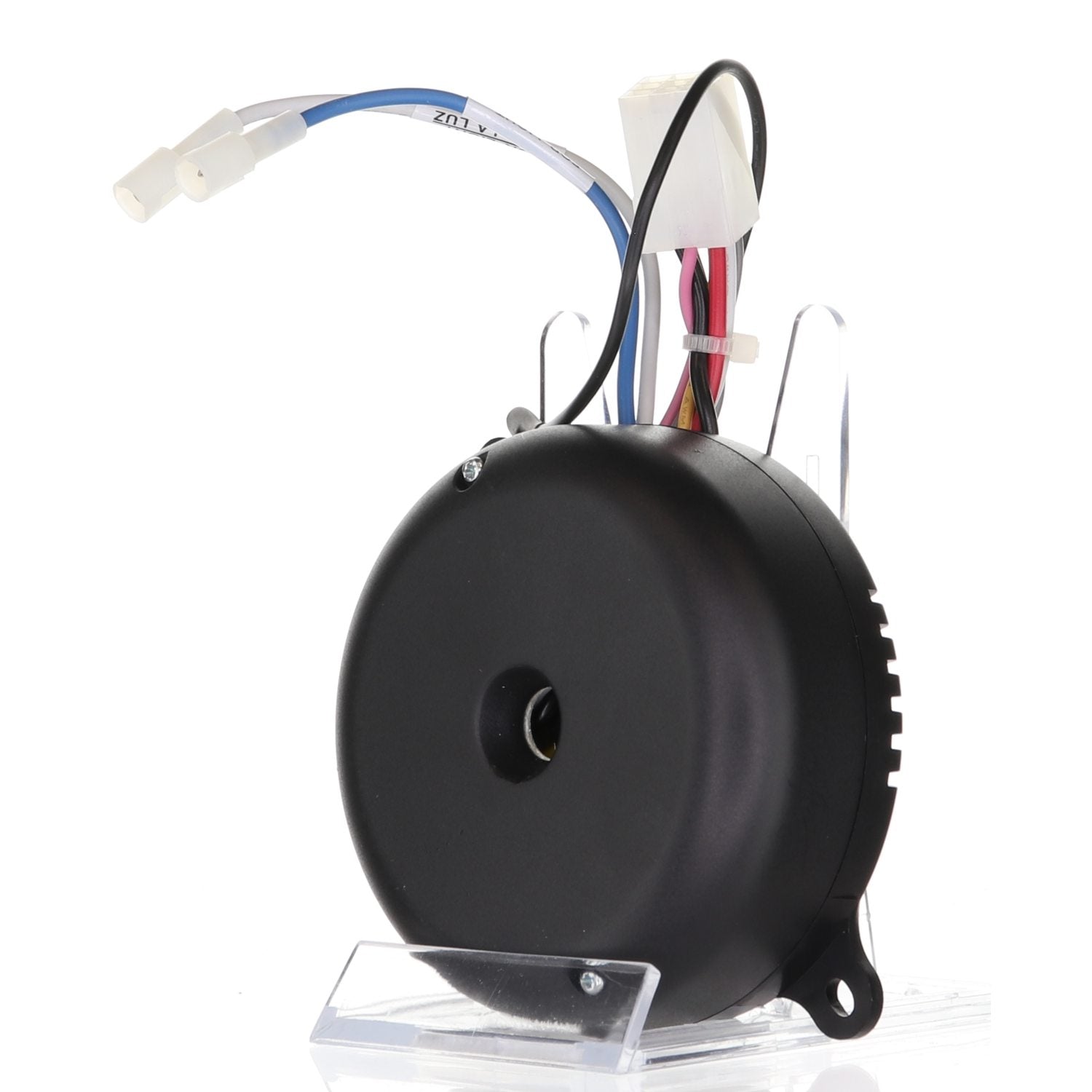 The Anderic MR7703 for UC7301R-03 and MR77A Hampton Bay Ceiling Fan Receiver, a black electric motor with wires and connectors, is poised on a clear stand against a white background for seamless plug-and-play installation.