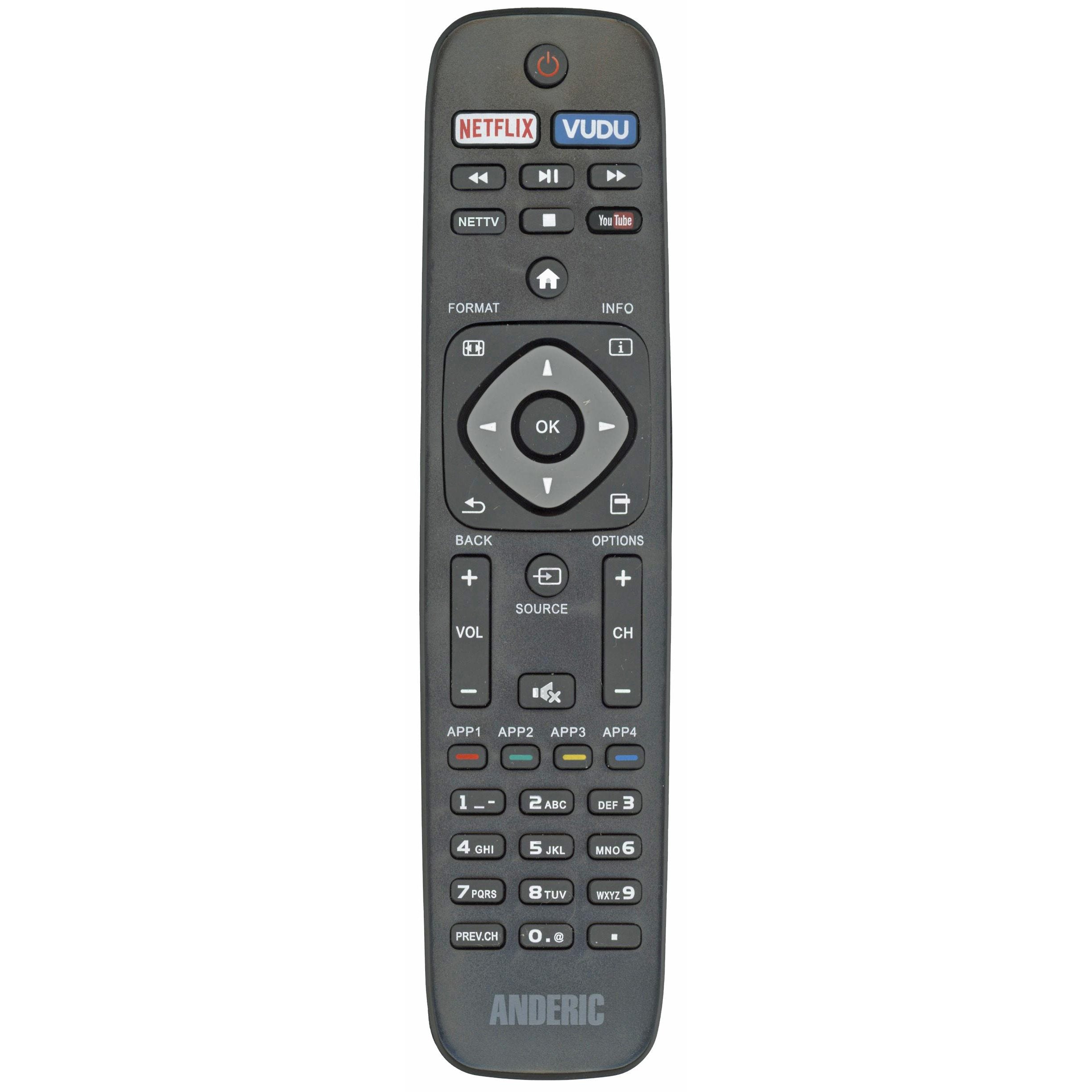 Meet the Anderic URMT41JHG003 remote for Philips Smart TVs, a universal device featuring dedicated buttons for Netflix and Vudu, plus a navigation pad, volume and channel controls, and a numeric keypad for easy entertainment management.