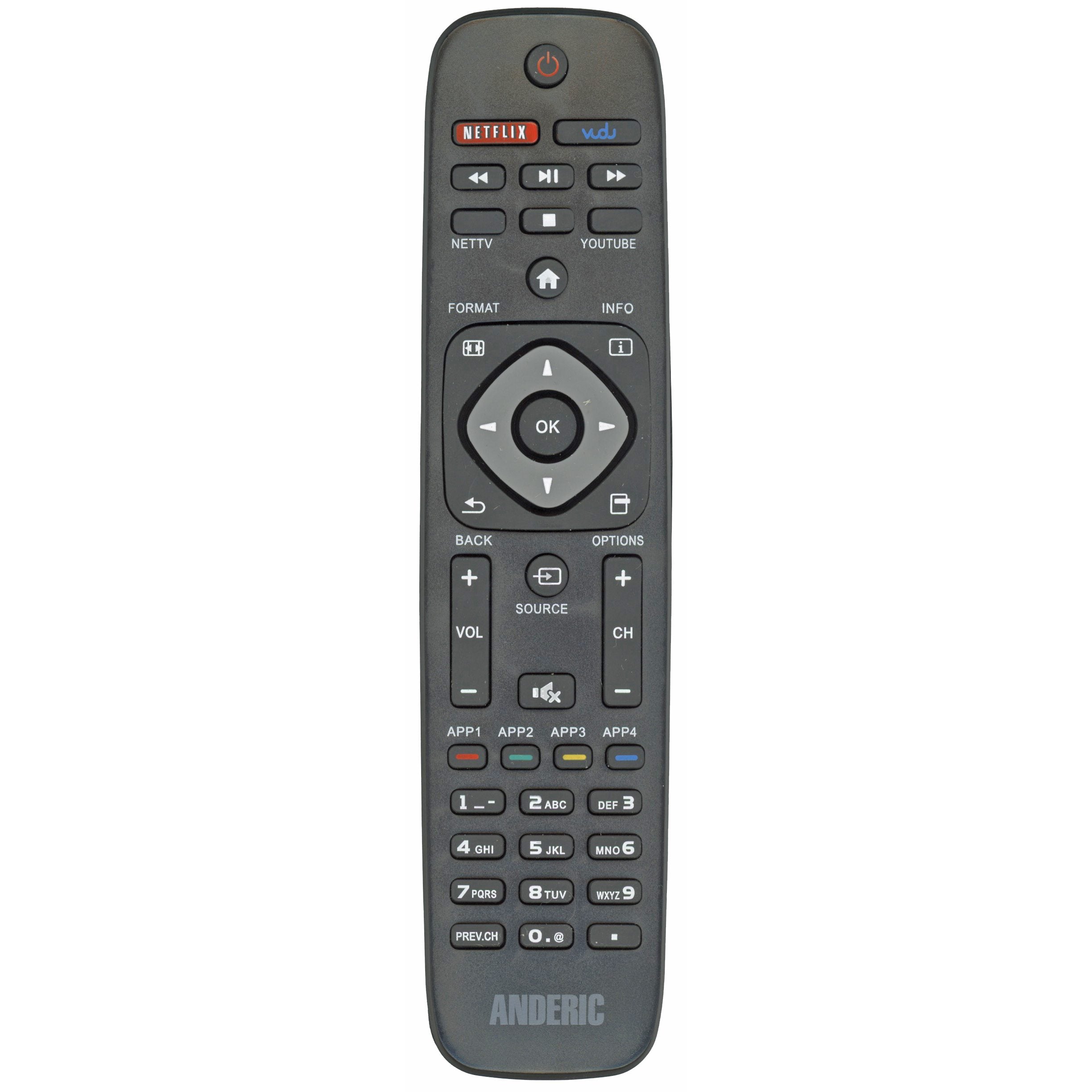 The Anderic URMT41JHG003 for Philips Smart TV is a gray remote featuring buttons for power, volume, channels, and smart TV apps like Netflix and YouTube with "ANDERIC" branded at the bottom.